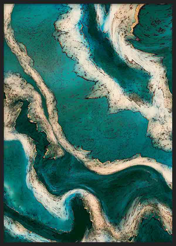 Cuadro con composición abstracta de formas fluidas en turquesa, verde esmeralda, blanco marfil y detalles dorados, de estilo abstracto. Disponible en kudeko.com