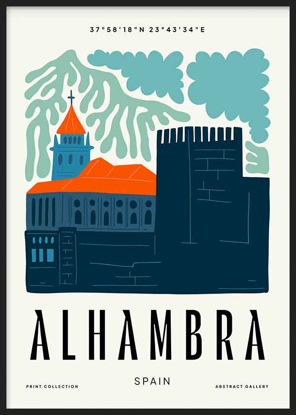 Quadro emoldurado com ilustração da Alhambra de Espanha, muralhas em azul petróleo, telhados laranja, vegetação verde água e composição arquitetónica de estilo contemporâneo. Disponível em kudeko.com