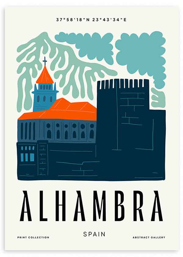 Cuadro con ilustración de la Alhambra de España, con murallas azul petróleo, tejados naranjas, vegetación verde agua y composición arquitectónica de aire contemporáneo. Disponible en kudeko.com