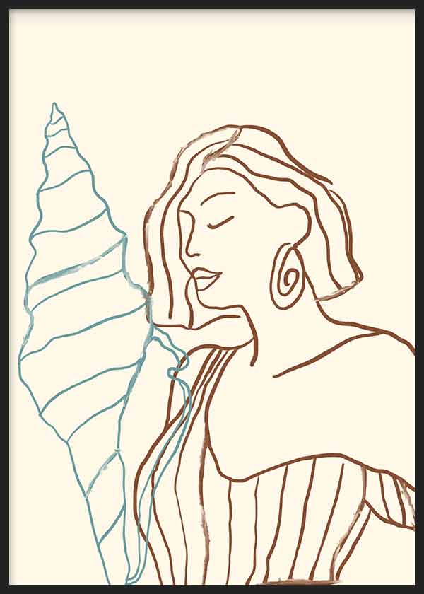 Tableau encadré avec silhouette féminine en lignes brunes, grand coquillage bleu doux, fond crème et style minimaliste aux accents côtiers apaisés. Disponible sur kudeko.com