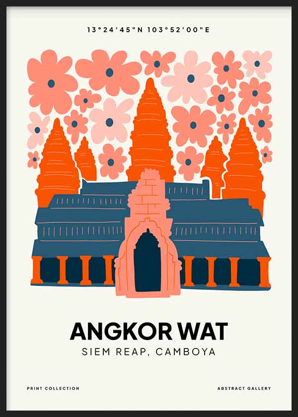 Cuadro de templo Angkor Wat con flores coral y rosas, arquitectura azul oscuro y naranja, composición decorativa de estilo ilustración. Disponible en kudeko.com