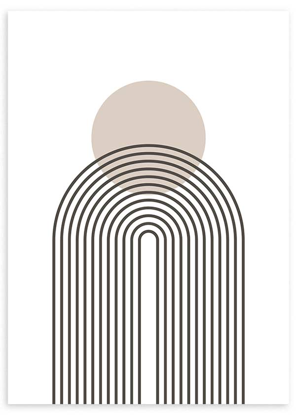 Cuadro de arcoíris lineal negro con círculo beige, fondo blanco, composición limpia y estilo minimalista sereno. Disponible en kudeko.com