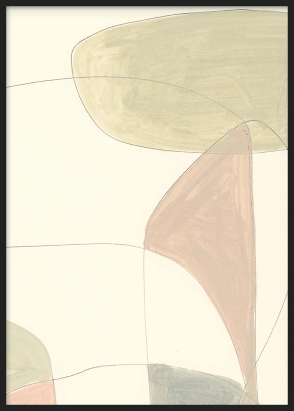 Quadro abstrato com formas orgânicas sobrepostas, linhas finas, tons bege, verde sálvia, cinzento suave e rosa empolvado sobre fundo creme, estilo contemporâneo depurado. Disponível em kudeko.com