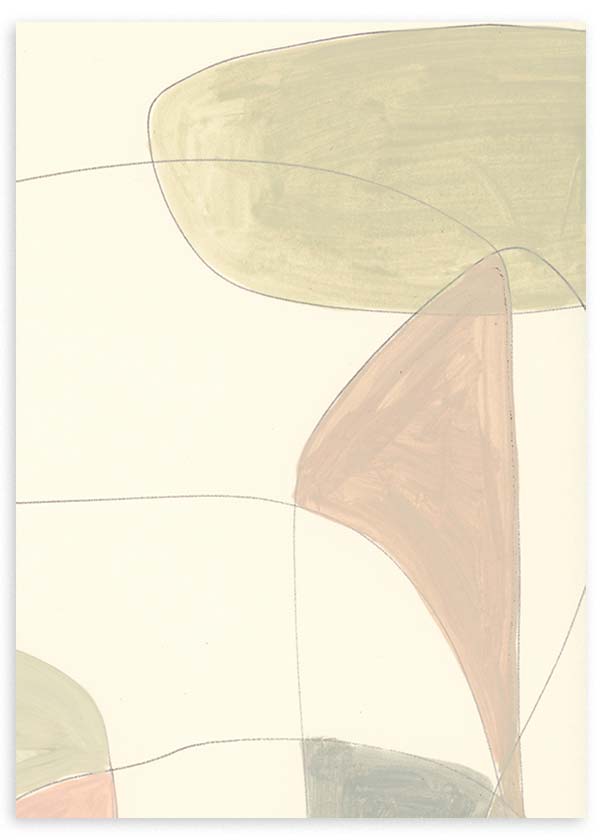 Tableau abstrait avec formes organiques superposées, lignes fines, tons beige, vert sauge, gris doux et rose poudré sur fond crème, style contemporain épuré. Disponible sur kudeko.com
