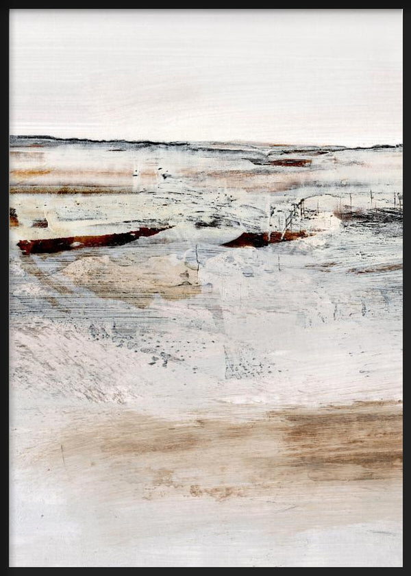 Cuadro con paisaje abstracto de horizonte suave, manchas beige, blanco roto, gris y acentos burdeos, composición serena de estilo abstracto. Disponible en kudeko.com