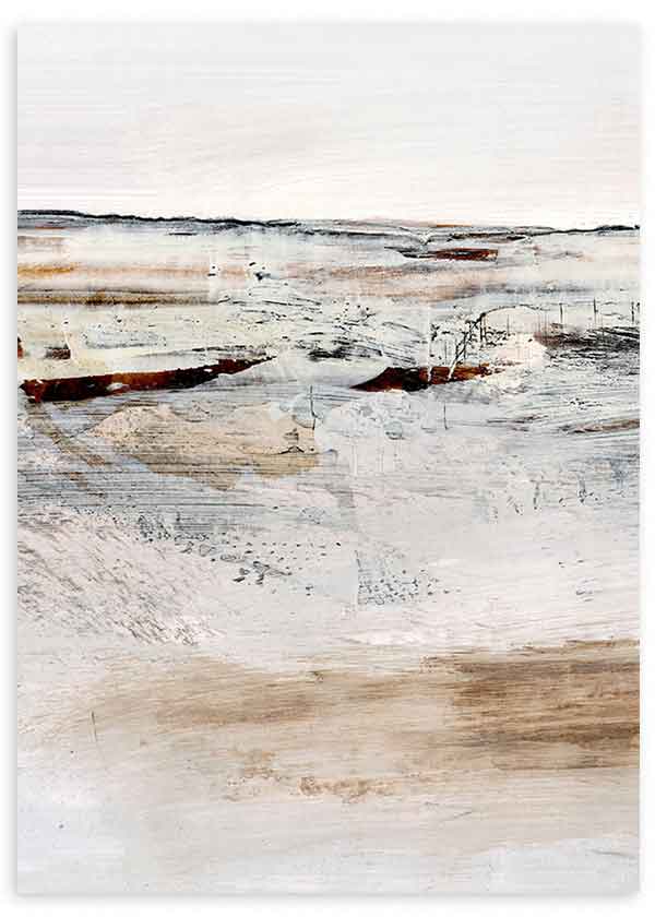 Gerahmtes Wandbild mit abstrakter Landschaft, sanftem Horizont, organischen Formen in Beige, Off-White, Grau und dunklen Bordeauxakzenten, im modernen und ruhigen abstrakten Stil. Erhältlich auf kudeko.com