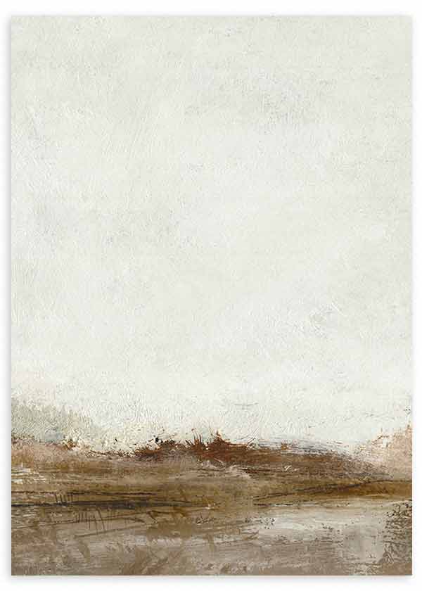Cuadro con composición abstracta en tonos crema, beige y marrón tierra, con horizonte difuso y textura visual suave de estilo abstracto. Disponible en kudeko.com