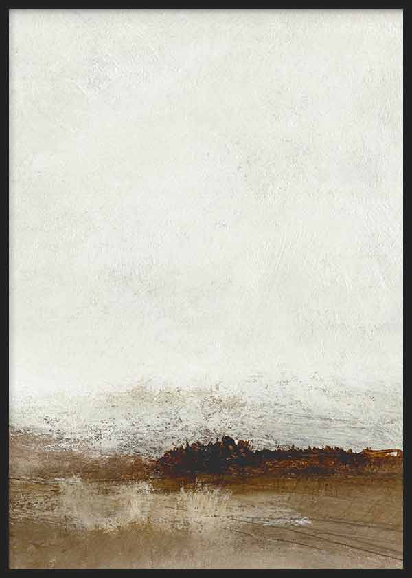 Cuadro con composición abstracta de horizonte difuso en blanco roto, beige, marrón y tierra, con estilo minimalista y atmósfera serena. Disponible en kudeko.com