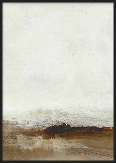 Tableau avec composition abstraite d’horizon diffus en blanc cassé, beige foncé, brun et tons terre, dans un style minimaliste et équilibré. Disponible sur kudeko.com
