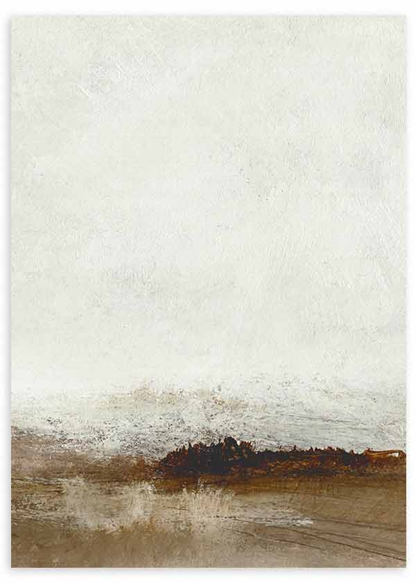 Cuadro con composición abstracta de horizonte difuso en blanco roto, beige, marrón y tierra, con estilo minimalista y atmósfera serena. Disponible en kudeko.com