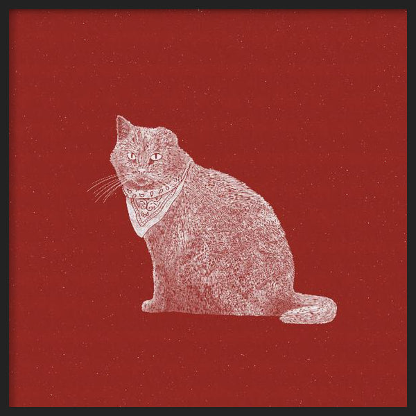 Cuadro cuadrado con gato sentado de perfil, pañuelo al cuello, fondo rojo oscuro, contraste en blanco y estética vintage sobria. Disponible en kudeko.com