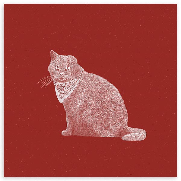 Quadro quadrado com gato sentado de perfil, lenço bandana ao pescoço, fundo vermelho escuro, linhas brancas e estilo vintage sóbrio. Disponível em kudeko.com