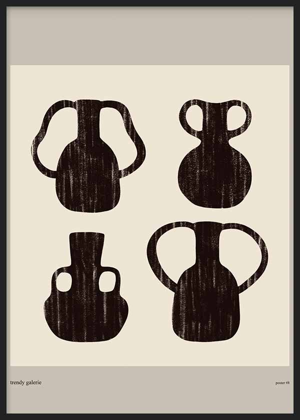 Tableau avec quatre vases abstraits noirs sur fond beige, composition équilibrée, tons sable et style minimaliste aux lignes sobres. Disponible sur kudeko.com