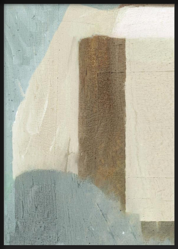 Cuadro con composición abstracta de bloques beige, blanco roto, azul grisáceo y marrón terroso, con formas suaves y equilibrio visual de estilo abstracto. Disponible en kudeko.com