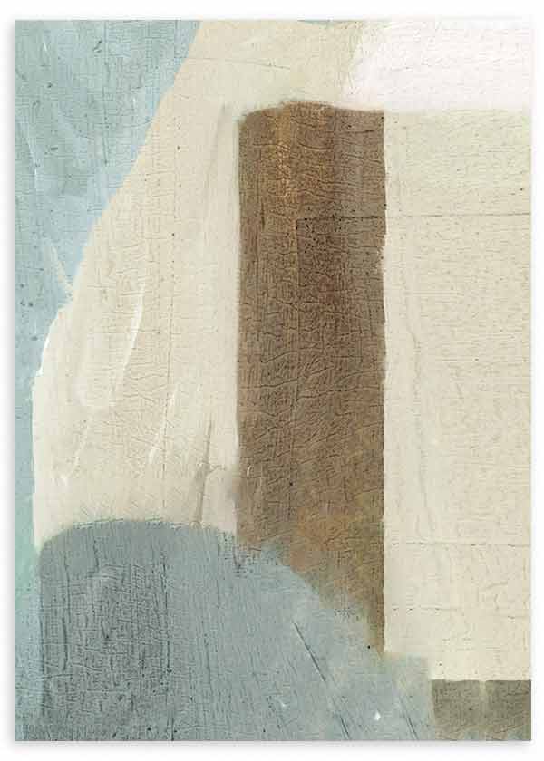 Quadro com composição abstrata de blocos em bege, branco pérola, azul acinzentado e castanho terroso, com formas suaves e equilíbrio visual de estilo contemporâneo. Disponível em kudeko.com