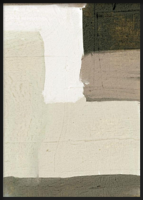 Abstraktes Wandbild mit überlagerten Blöcken in Off-White, Beige, Taupegrau und weichem Schwarz, mit feiner Textur und ausgewogenem, reduziertem Stil. Erhältlich auf kudeko.com