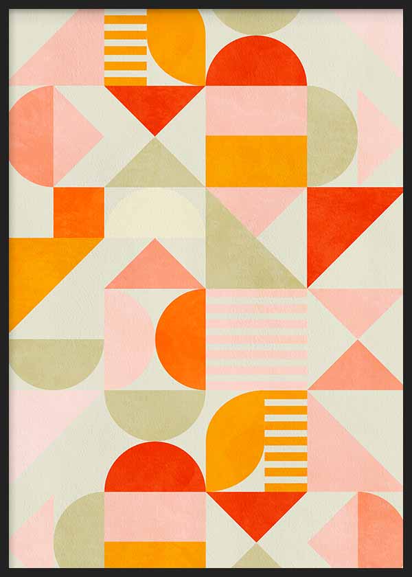 Cuadro con composición de formas geométricas en rosa pastel, naranja, rojo, beige y fondo claro, de estilo geométrico. Disponible en kudeko.com