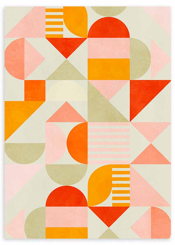 Quadro com composição de semicírculos, triângulos, retângulos e faixas em rosa pastel, laranja, vermelho e bege sobre fundo claro, num estilo geométrico com inspiração Bauhaus. Disponível em kudeko.com