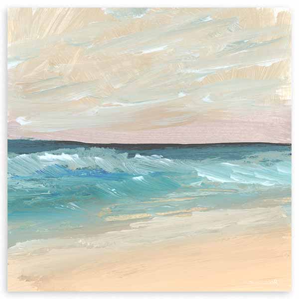 Tableau carré représentant une plage aux vagues turquoise, rivage couleur sable, horizon foncé et ciel crème aux nuances rosées, dans un style nature et paysage. Disponible sur kudeko.com