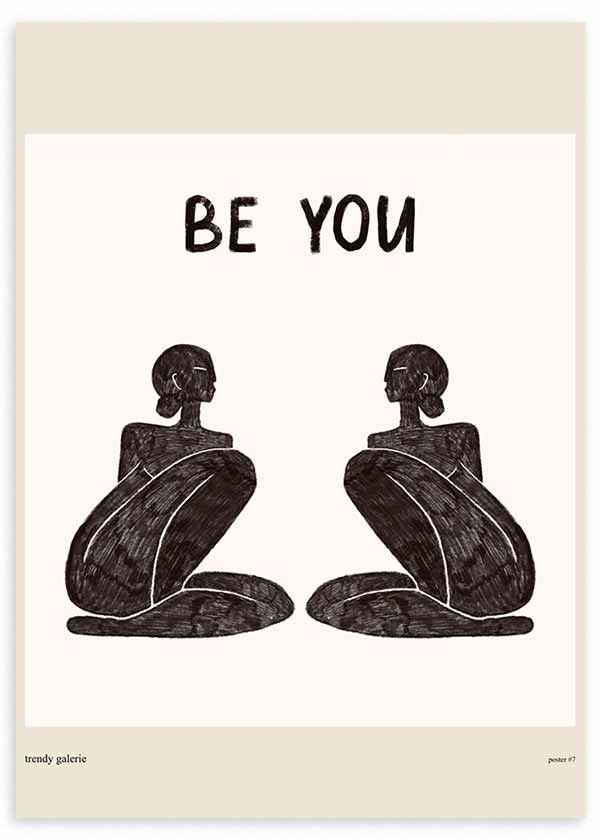 Cuadro de ilustración artística de dos mujeres con frase "Be You" sobre fondo beige