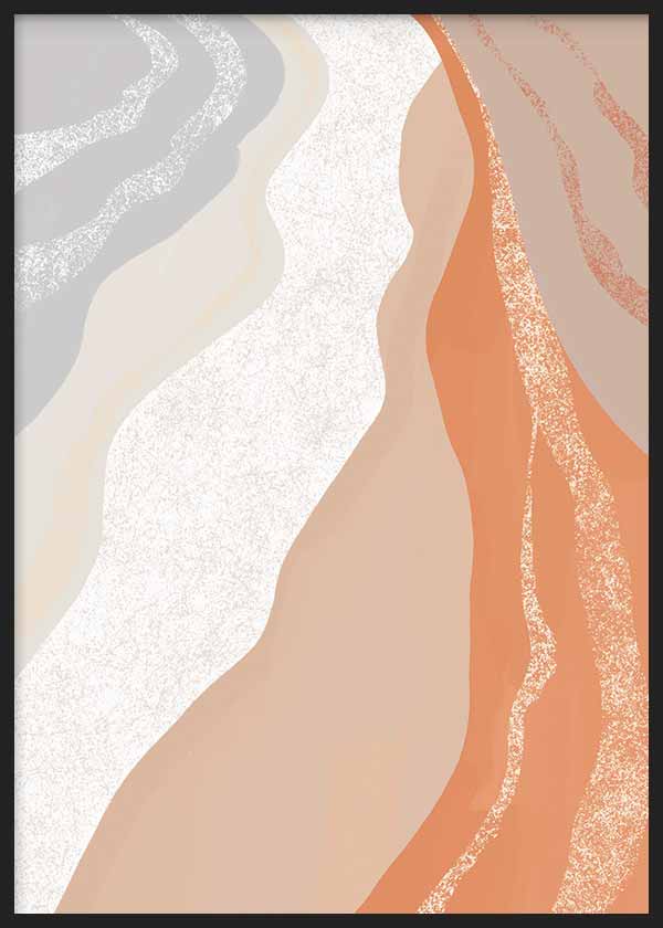 Gerahmtes abstraktes Wandbild mit geschwungenen, küsteninspirierten Formen in Sand, Terrakotta, Off-White und zartem Grau, in einem klaren zeitgenössischen Stil. Erhältlich auf kudeko.com