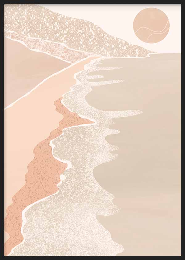 Cuadro de playa con orilla ondulada, espuma blanca, sol beige y tonos arena, coral suave y crema, de estilo naturaleza y paisajes. Disponible en kudeko.com