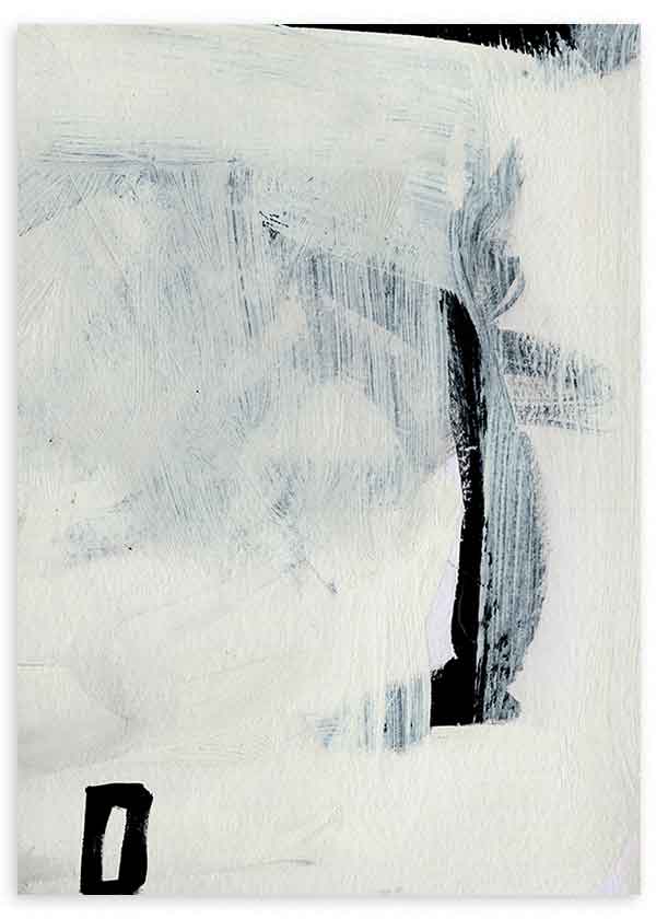 Cuadro de composición abstracta en blanco roto, gris azulado y negro, con formas suaves, contraste sutil y estética contemporánea de estilo abstracto. Disponible en kudeko.com