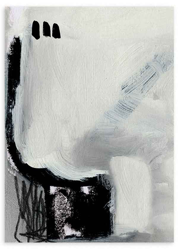 Cuadro de composición abstracta en blanco, negro y gris, con formas amplias, manchas oscuras y textura visual suave de estilo abstracto. Disponible en kudeko.com
