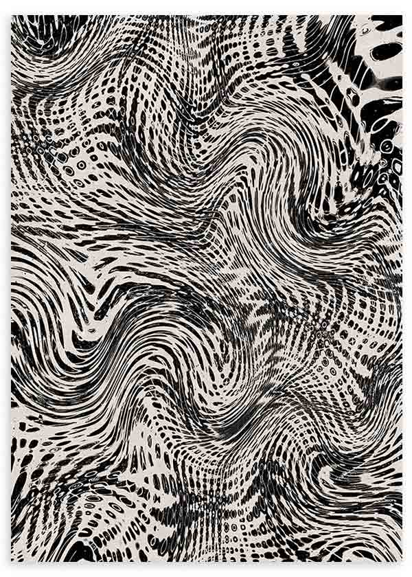 Cuadro con patrón abstracto de ondas fluidas, tramas orgánicas, líneas curvas y contraste en blanco y negro, de estilo abstracto. Disponible en kudeko.com