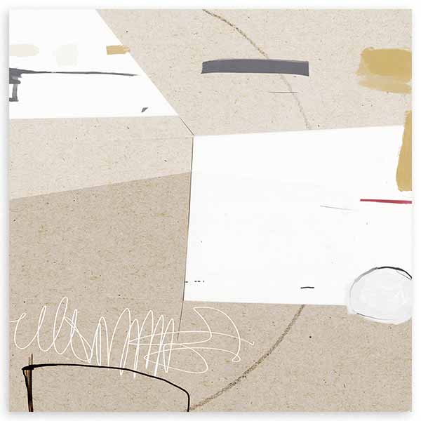 Cuadro cuadrado con bloques abstractos en beige, blanco roto, negro, gris, mostaza y un sutil detalle rojo, de estilo abstracto. Disponible en kudeko.com