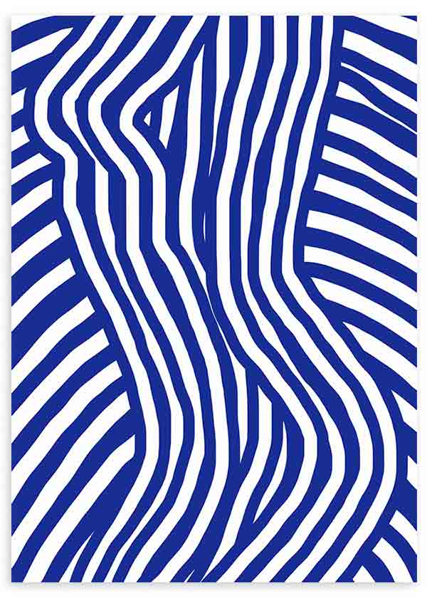Quadro emoldurado com silhueta feminina formada por linhas onduladas azuis e brancas, contraste marcado, composição gráfica moderna e estilo abstrato contemporâneo. Disponível em kudeko.com