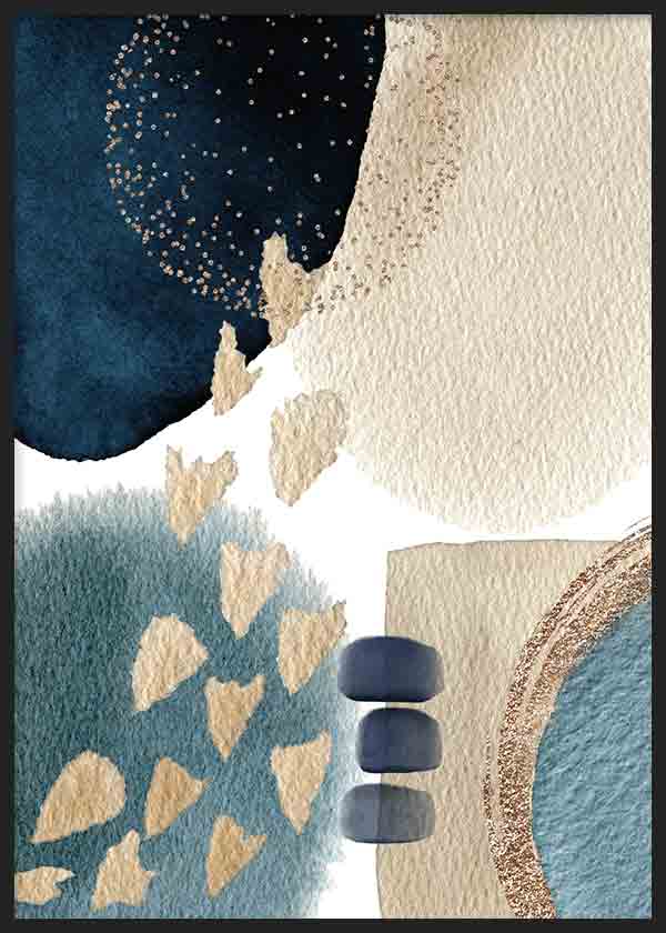 Quadro emoldurado com composição abstrata de formas orgânicas em azul-marinho, azul acinzentado, branco, bege e detalhes dourados, num estilo abstrato contemporâneo. Disponível em kudeko.com