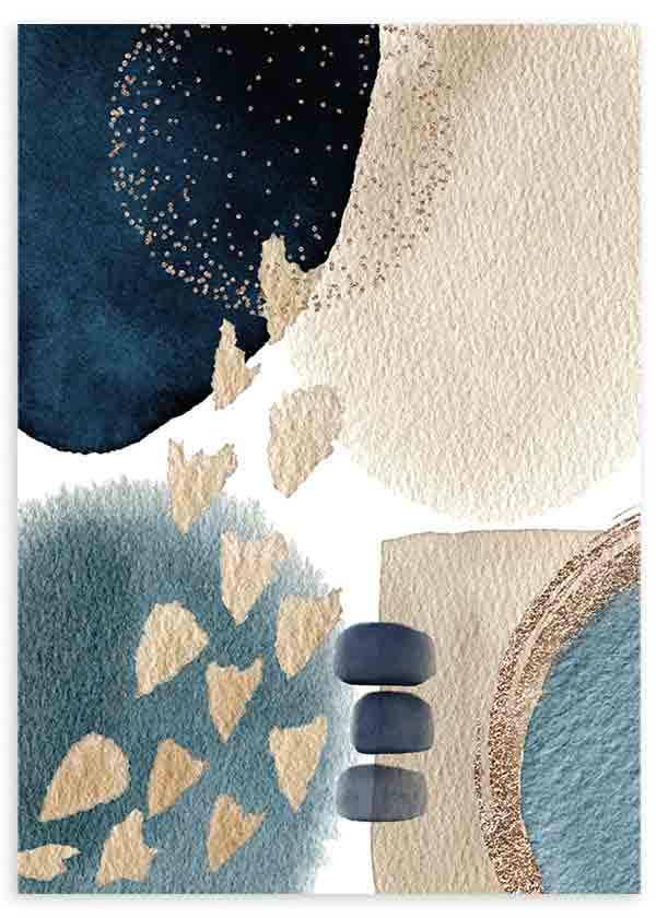 Cuadro con composición abstracta de formas orgánicas en azul marino, azul grisáceo, blanco, beige y detalles dorados, de estilo abstracto. Disponible en kudeko.com
