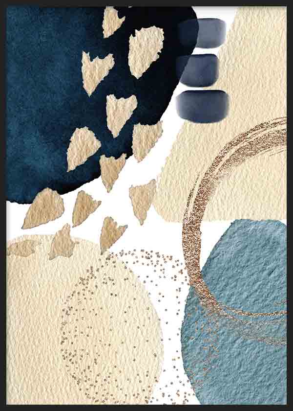 Cuadro con composición abstracta de formas orgánicas en azul petróleo, beige arena, blanco, azul grisáceo y detalles circulares dorados de estilo abstracto. Disponible en kudeko.com