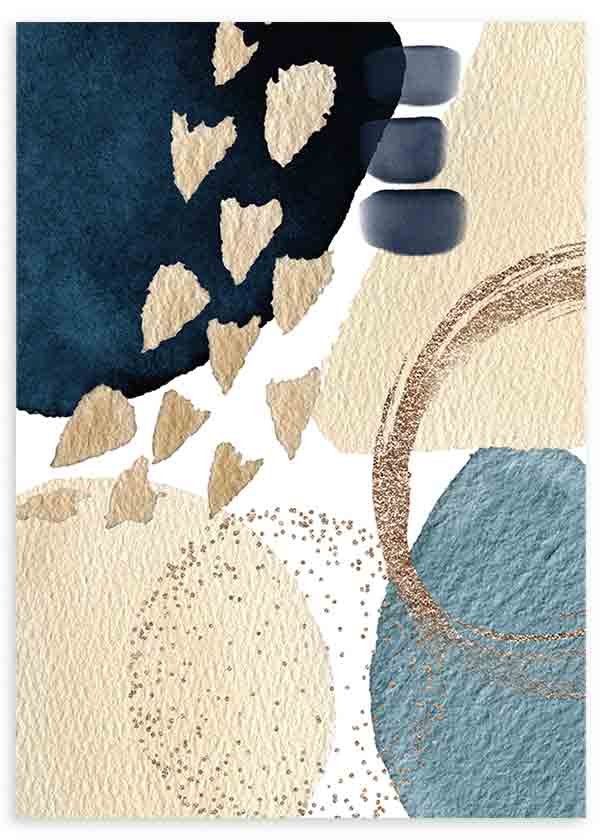 Tableau avec composition abstraite de formes organiques en bleu pétrole, beige sable, blanc, bleu gris et détails circulaires dorés, dans un style contemporain équilibré. Disponible sur kudeko.com