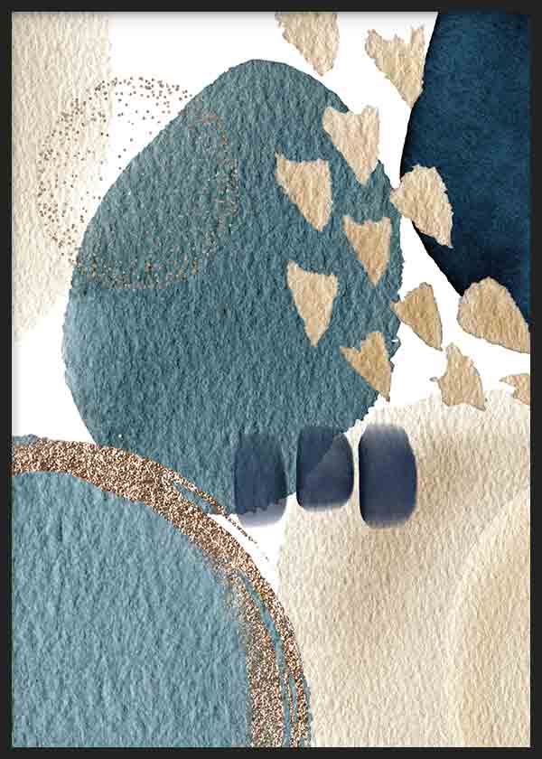 Quadro emoldurado com composição abstrata de formas orgânicas em azul petróleo, azul-marinho, bege, branco quebrado e detalhes dourados, num estilo contemporâneo equilibrado e luminoso. Disponível em kudeko.com
