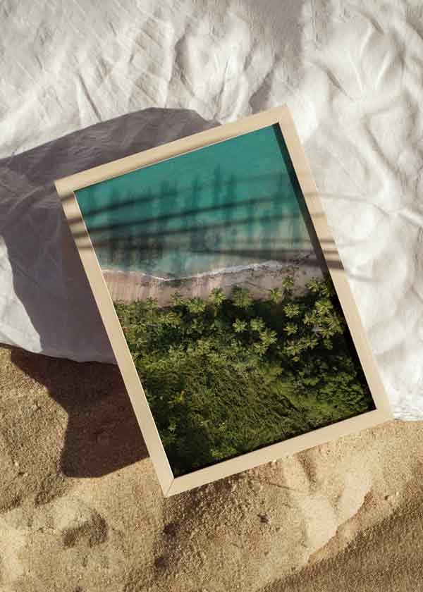 decoración con cuadros, ideas - Cuadro fotográfico de palmeras y playa. Una obra muy veraniega y fresca, cargada del azul del cielo.