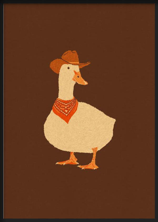 Cuadro de pato blanco con sombrero vaquero marrón, pañuelo rojo, patas naranjas y fondo marrón liso, de estilo infantil. Disponible en kudeko.com