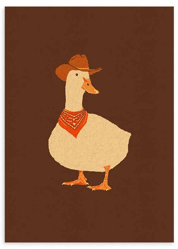 Tableau encadré avec canard blanc en tenue de cow-boy, chapeau brun, foulard rouge, pattes orange, fond brun uni et style enfantin doux. Disponible sur kudeko.com