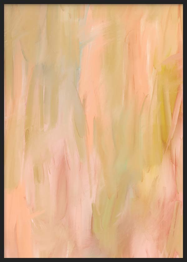 Tableau abstrait avec textures douces, formes diffuses, beige, rose pêche, crème et vert clair, dans un style abstrait aérien et harmonieux. Disponible sur kudeko.com
