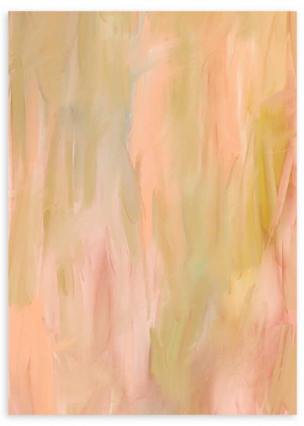 Quadro com composição abstrata de texturas suaves, formas difusas, bege, rosa pêssego, creme e verde claro, com estilo abstrato etéreo e harmonioso. Disponível em kudeko.com
