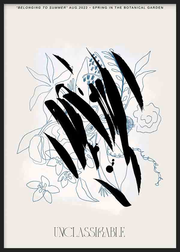 Cuadro de ilustración floral con trazos en azul y detalles negros. Una obra de estilo nórdico y floral de gran nivel artístico