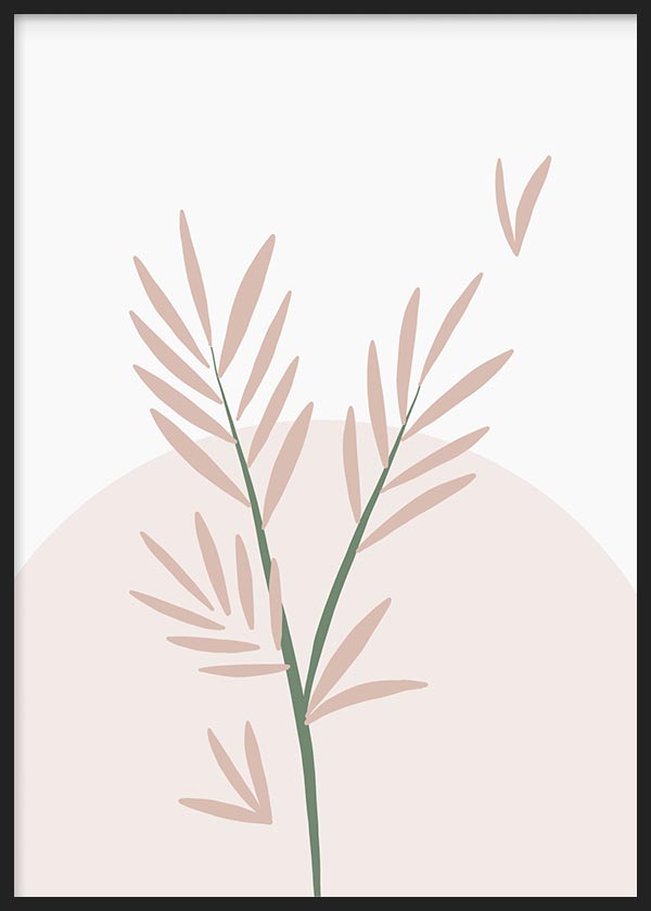 Tableau botanique avec branche de feuilles allongées rose poudré, fond beige clair, tige vert doux et style minimaliste nordique contemporain. Disponible sur kudeko.com