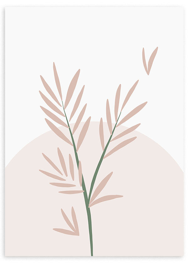 Tableau botanique avec branche de feuilles allongées rose poudré, fond beige clair, tige vert doux et style minimaliste nordique contemporain. Disponible sur kudeko.com