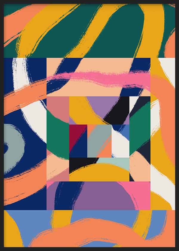 Cuadro con composición abstracta de franjas curvas y bloques geométricos en amarillo, verde petróleo, coral, azul marino, rosa y lila, de estilo abstracto. Disponible en kudeko.com