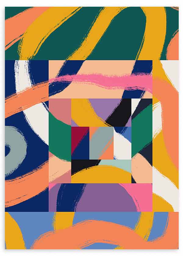 Cuadro con composición abstracta de franjas curvas y bloques geométricos en amarillo, verde petróleo, coral, azul marino, rosa y lila, de estilo abstracto. Disponible en kudeko.com