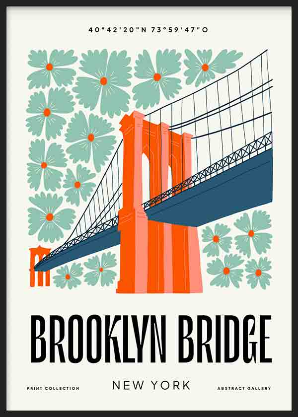 Tableau encadré du pont de Brooklyn avec grandes fleurs vert menthe, structure orange corail, base bleu profond et style illustration rétro urbaine sur fond clair. Disponible sur kudeko.com