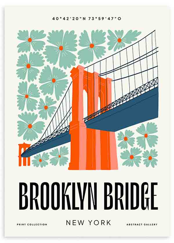 Tableau encadré du pont de Brooklyn avec grandes fleurs vert menthe, structure orange corail, base bleu profond et style illustration rétro urbaine sur fond clair. Disponible sur kudeko.com