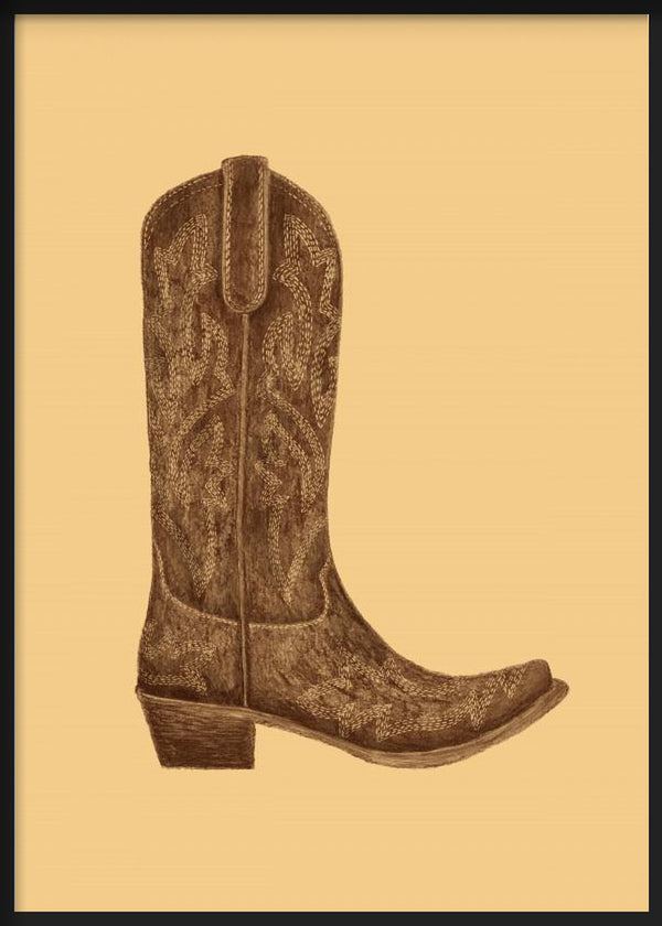Cuadro de bota cowgirl marrón con detalles ornamentales, fondo beige liso y estética western de estilo ilustración. Disponible en kudeko.com
