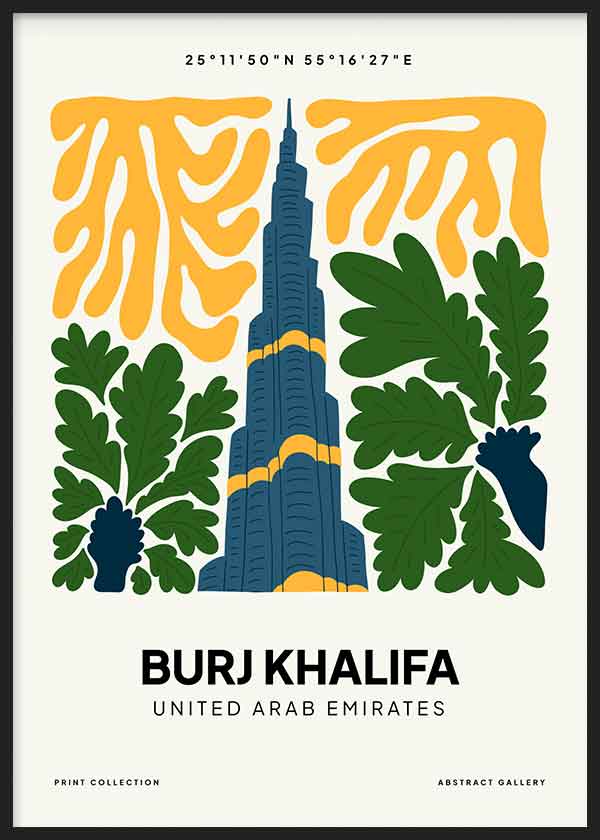 Cuadro con Burj Khalifa en azul oscuro, hojas verdes, formas orgánicas amarillas, fondo claro y composición urbana de estilo ilustración. Disponible en kudeko.com